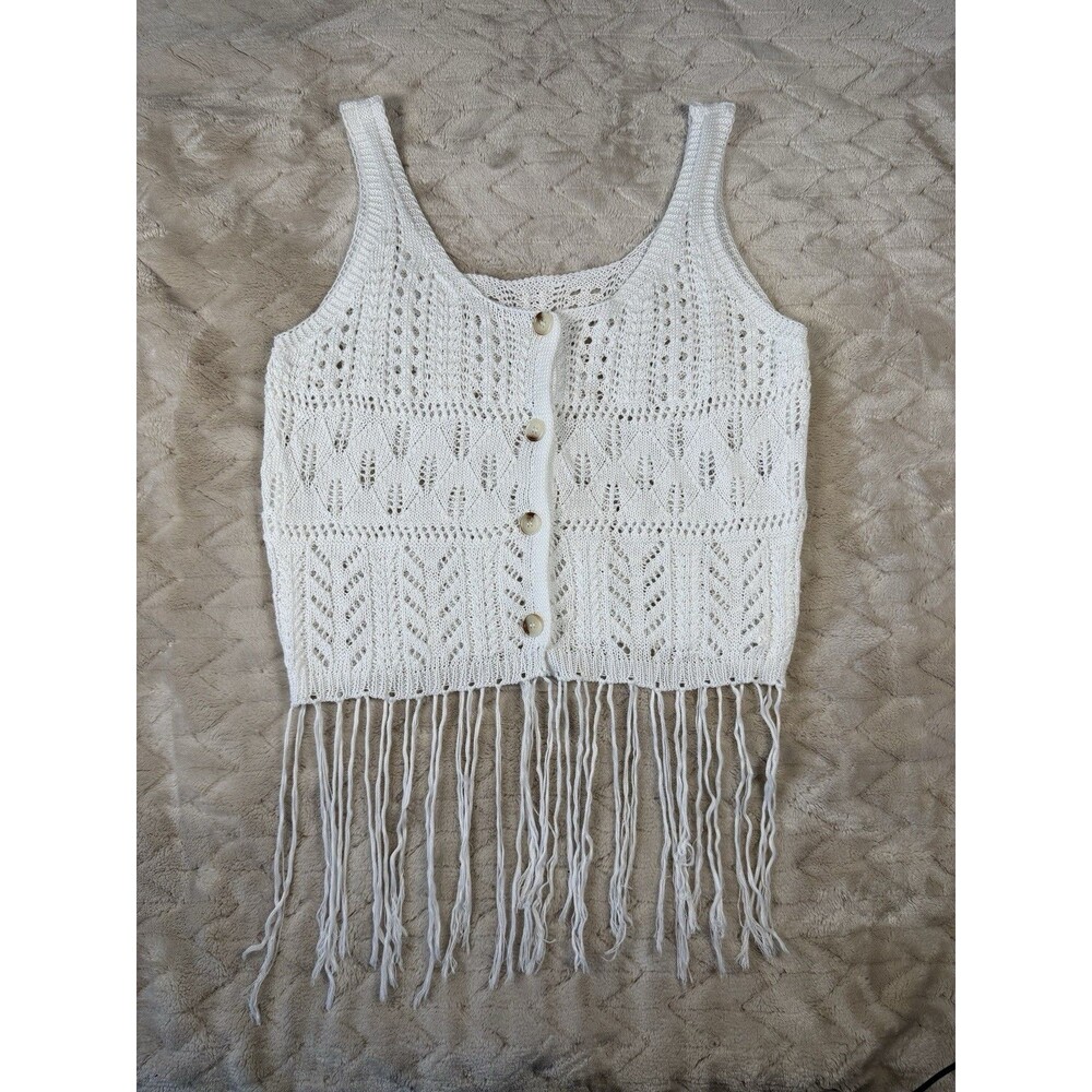 White Crochet Fringe Crop Tank Women M Boho Festival Coastal Cowgirl Y2K
